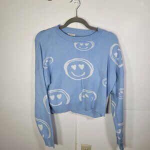 Debut Blue Smiley Face Pattern Knit Crewneck Long Sleeve Sweater Size Medium